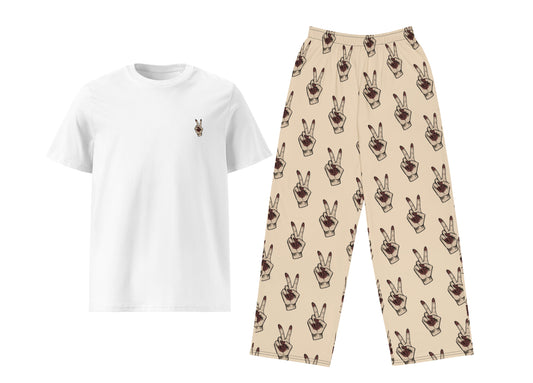 White t-shirt with a small logo and beige pants with peace sign pattern on a white background