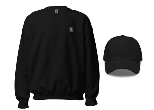 A black embroidered unisex sweatshirt with a rib knit collar and spandex, accompanied by a black embroidered dad hat with an adjustable strap.