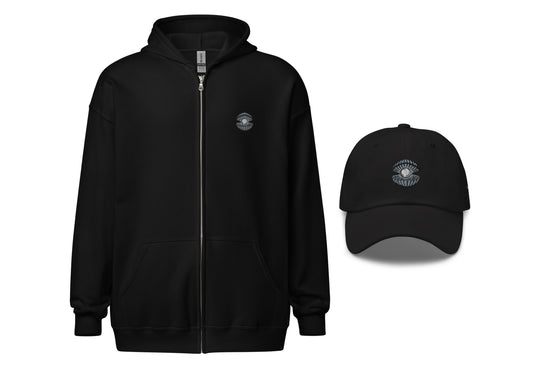 Black hoodie and black cap with a pearl on a white background