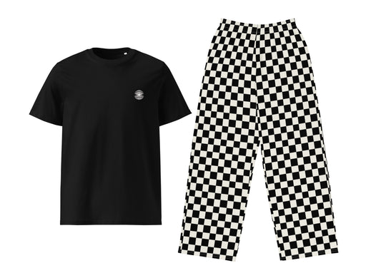 Black t-shirt and black and white checkered pants on a white background