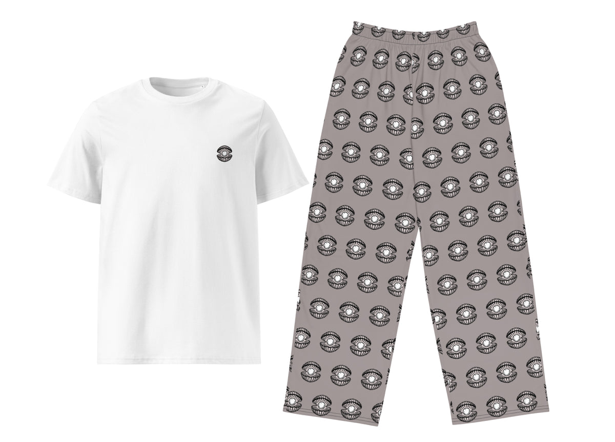 White t-shirt and gray patterned pants on a white background