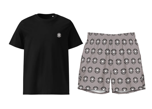 Black t-shirt and gray shorts with a pearl pattern on a white background