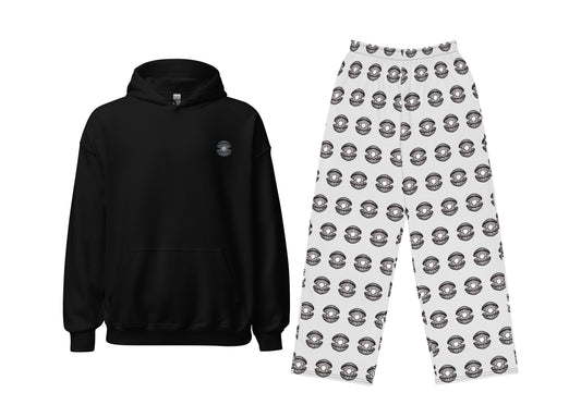 Black hoodie and white pants with pattern on a white background