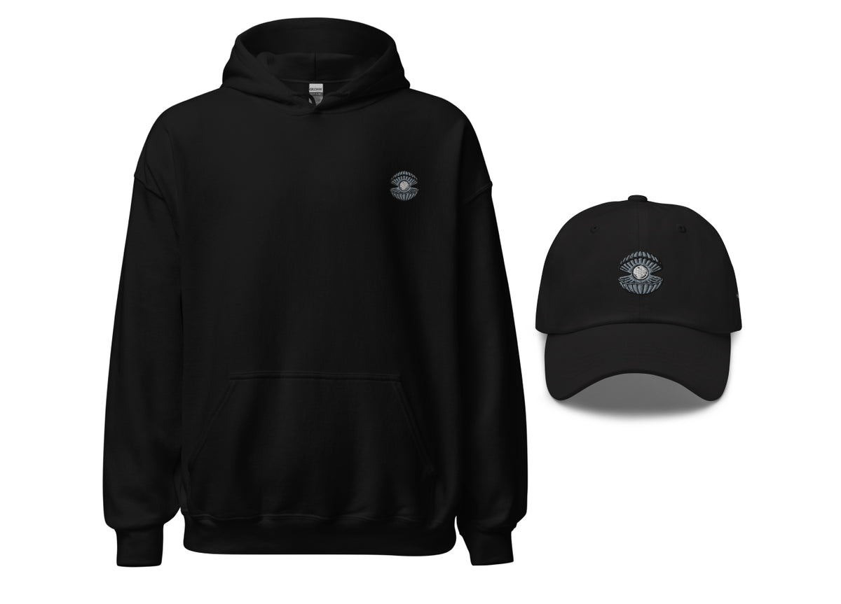 Black hoodie and black cap with a pearl embroidered on a white background