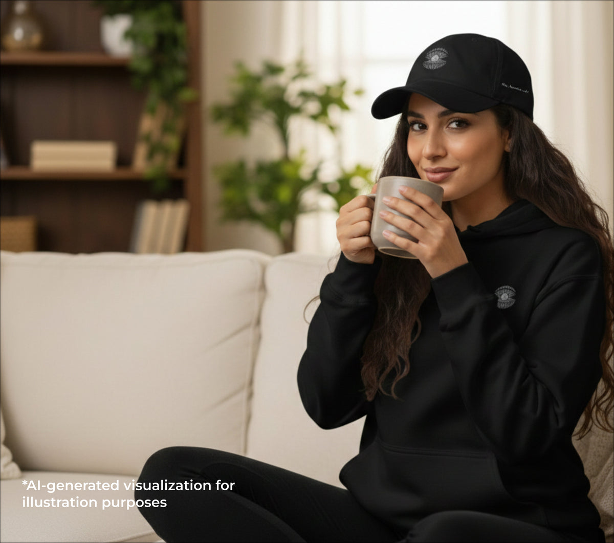 A woman is wearing black hoodie and a black dad hat with a pearl embroidered in it, drinking coffee in a mug, and sitting in a living room