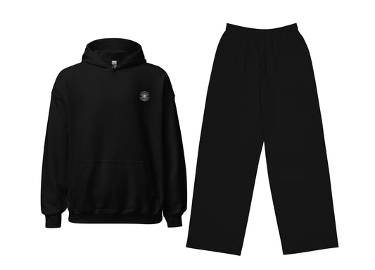Black hoodie with small embroidered pearl design and black pants set on a white background