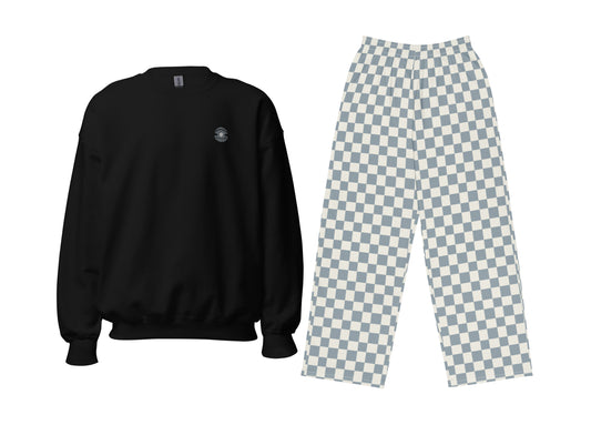 Black sweatshirt with an embroidered small pearl and checkered pants on a white background