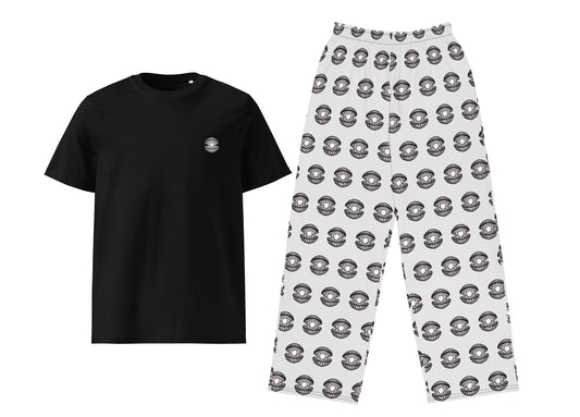 Black t-shirt and white pants with pattern on a white background