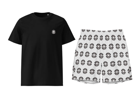Black t-shirt and white shorts with pearl pattern on a white background
