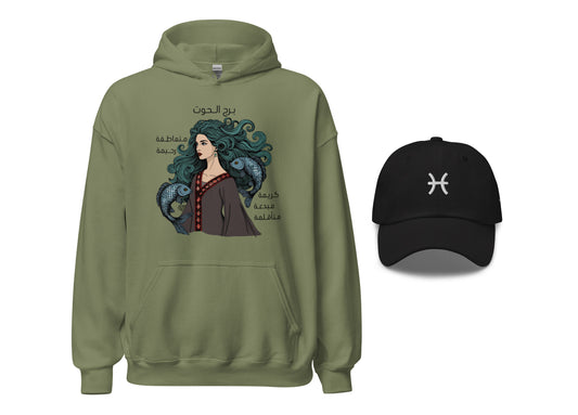 Green hoodie with a design and a black cap with a pisces and attributes design on a white background