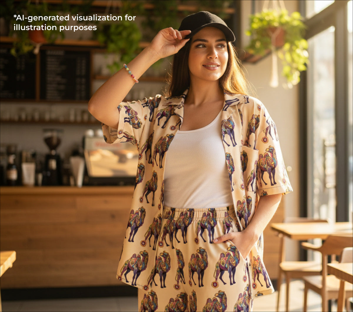 Woman wearing a psychedelic camel patterned outfit in a cafe setting