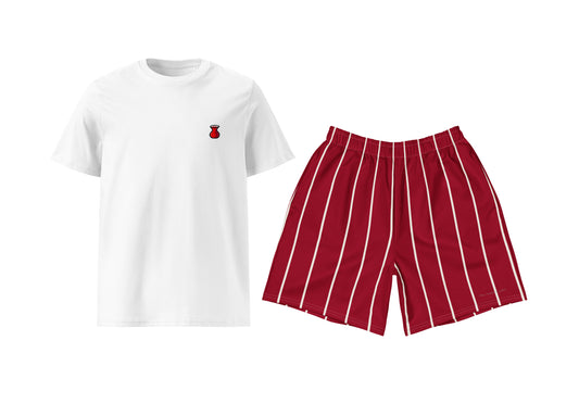 Red Tea (Dark Red & White Stripes) T-Shirt & Athletic Long Shorts Set