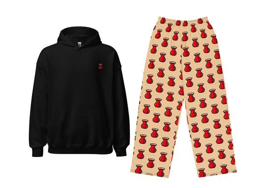 Black hoodie and beige pants with red tea pattern on a white background