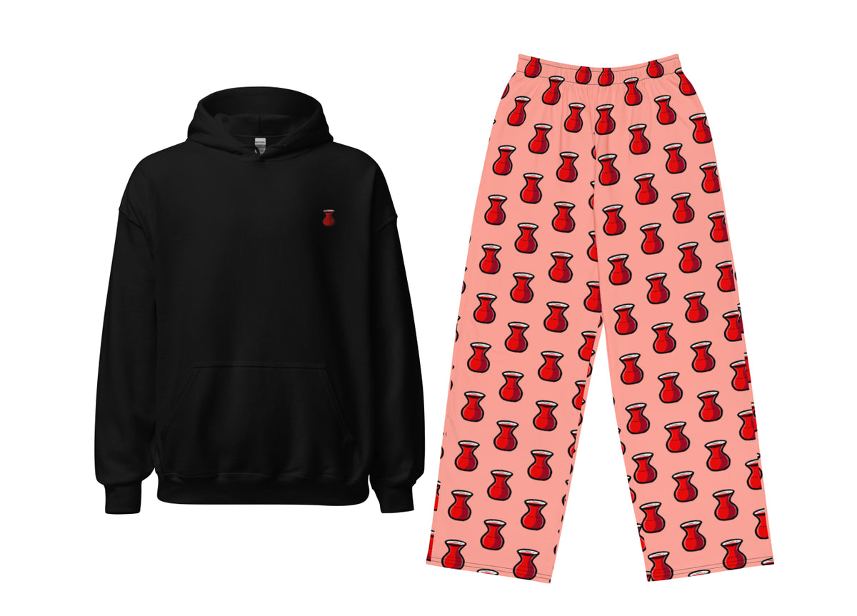 Black hoodie and pink pants with red tea pattern on a white background