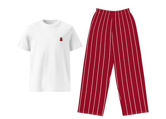 White t-shirt with a small red tea print and red pinstripe pants on a white background