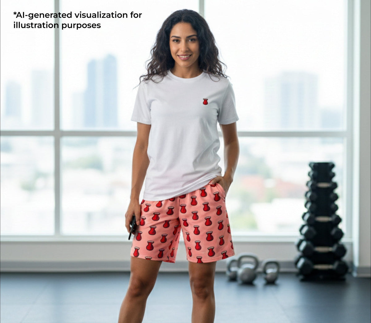 Woman in a white t-shirt and pink shorts with red tea patterns in a gym setting