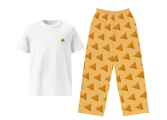 White t-shirt with a small samboosa and yellow pants with samboosa pattern on a white background