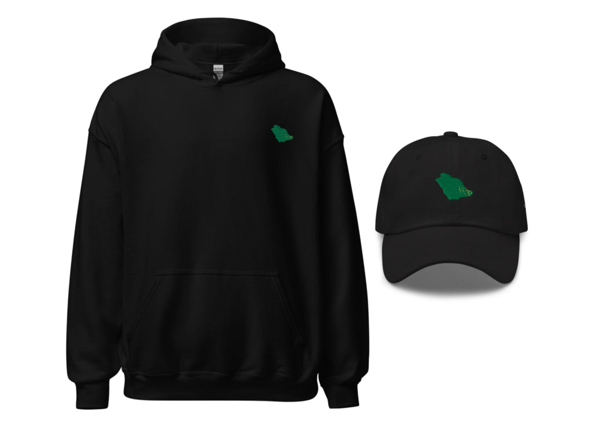 A black hoodie and a black dad hat with an embroidered green map of Saudi Arabia on the front.