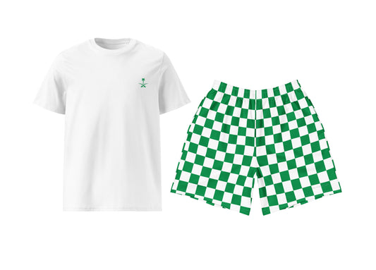 White t-shirt with a small saudi emblem and green checkered shorts on a white background
