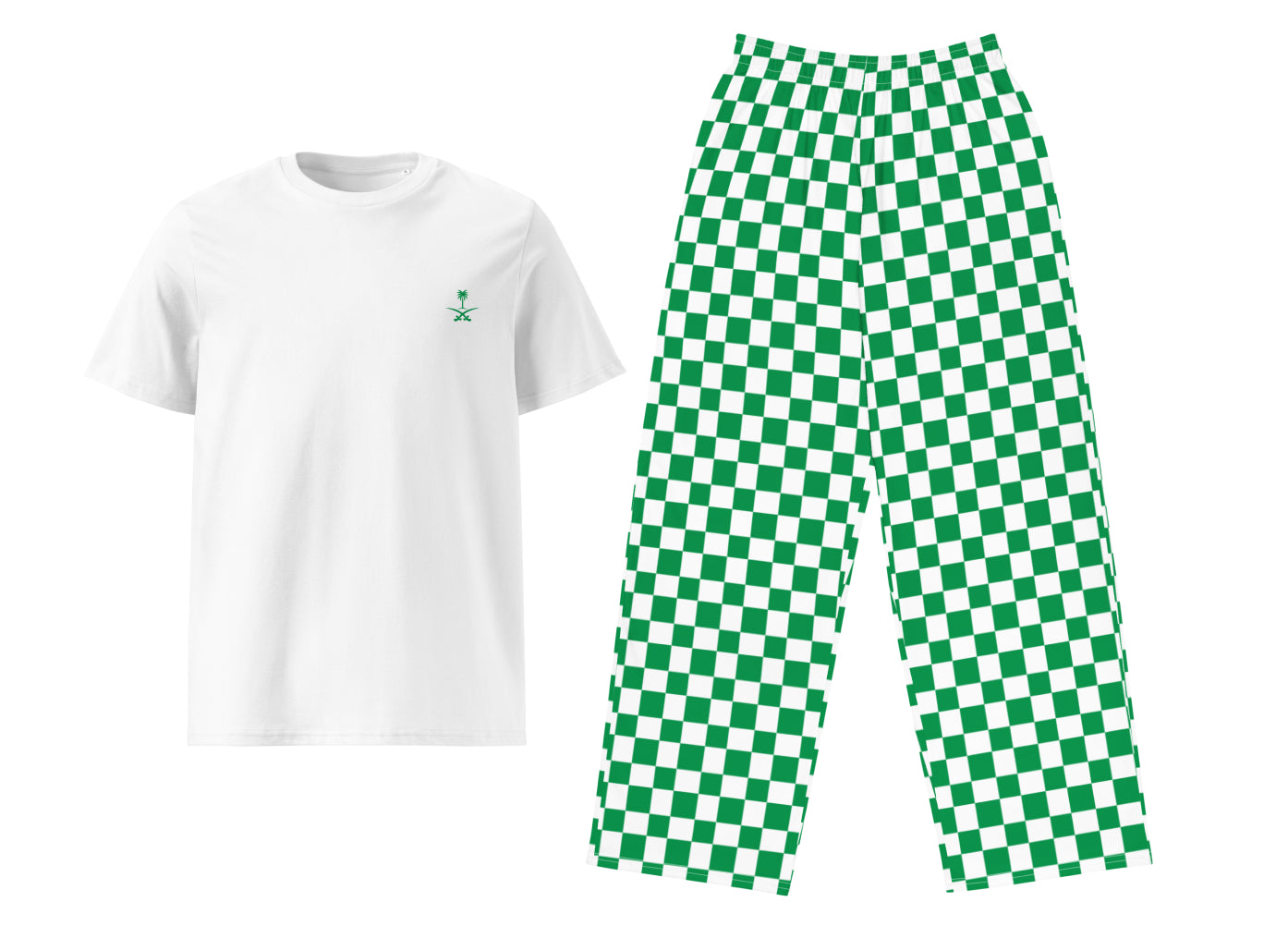White t-shirt with a small logo and green checkered pants on a white background
