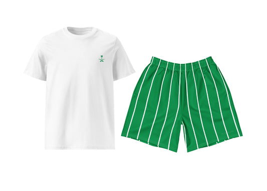 White t-shirt with a small logo and green shorts with white stripes on a white background