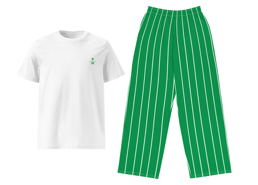 White t-shirt with a small logo and green pinstripe pants on a white background