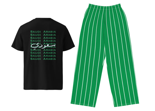 Black t-shirt with 'Saudi Arabia' text and green pinstripe pants on a white background