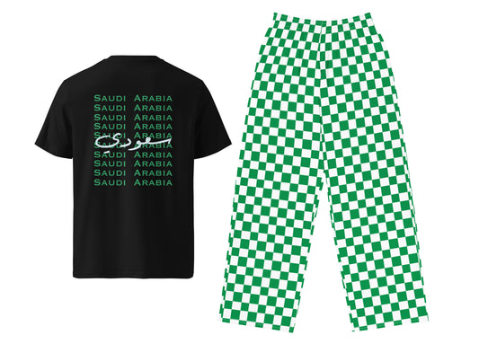 Black t-shirt with 'Saudi Arabia' text and green checkered pants on a white background