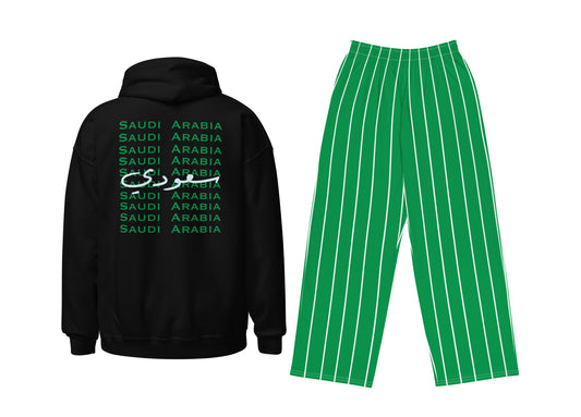 Black hoodie with 'Saudi Arabia' text and green pinstripe pants on a white background