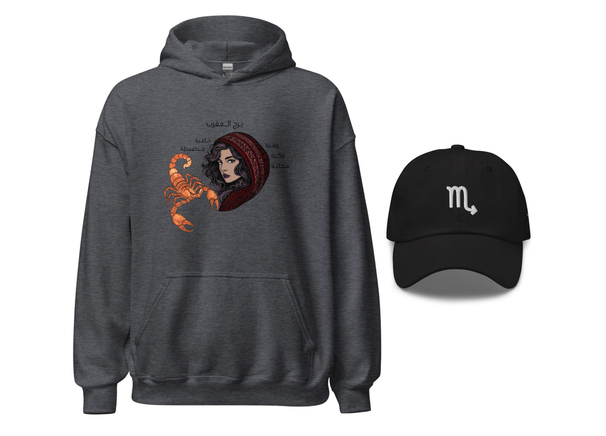 Dark gray hoodie with Scorpio design and black cap with white symbol on a white background