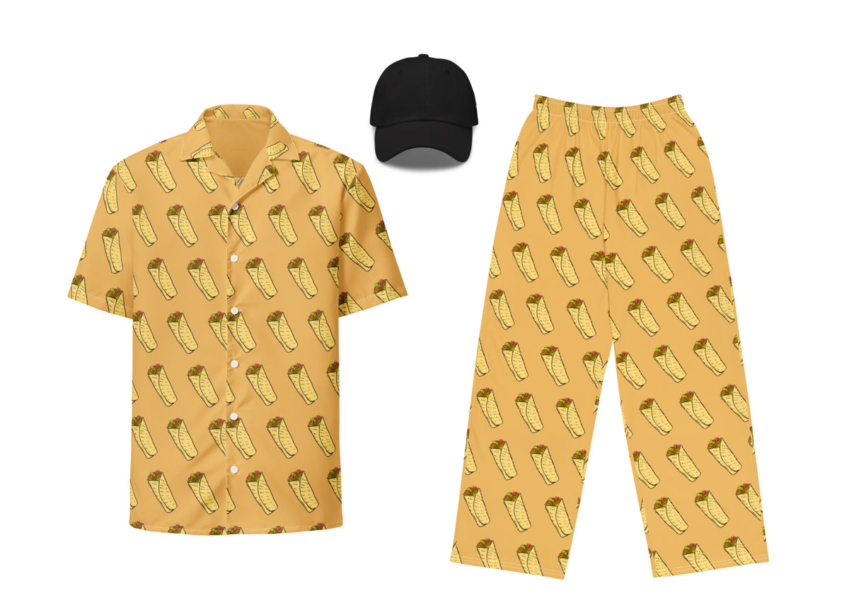 Shirt, pants, and cap with shawarma pattern on a white background