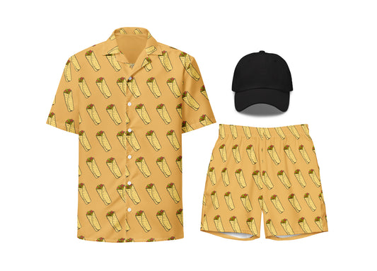 Yellow shirt, black cap, and shorts with Shawarma pattern on a white background