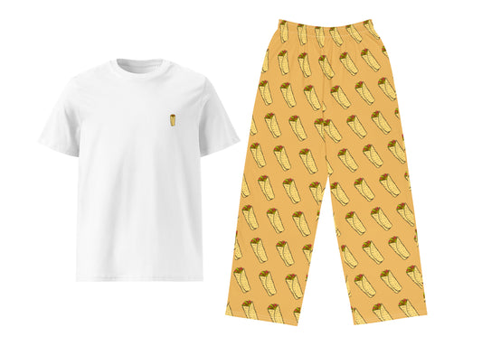 White t-shirt and yellow pants with shawarma pattern on a white background