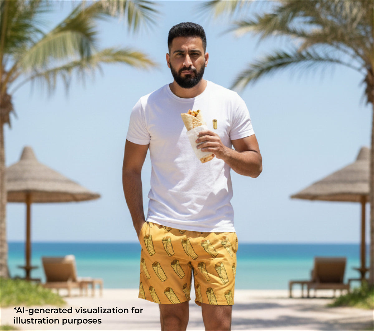 Man in white t-shirt and yellow shorts holding a shawarma on a beach with palm trees and umbrellas in the background.