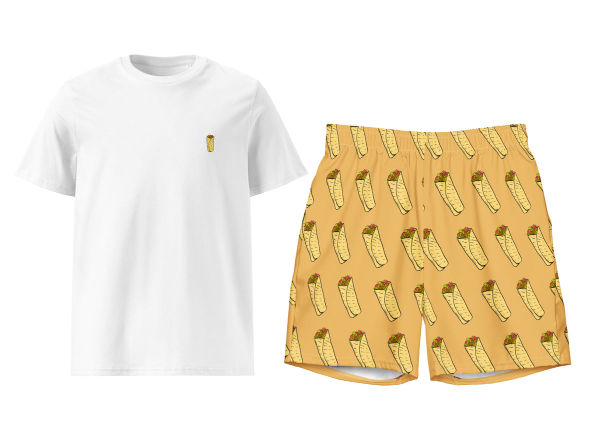 White t-shirt and yellow shorts with shawarma pattern on a white background