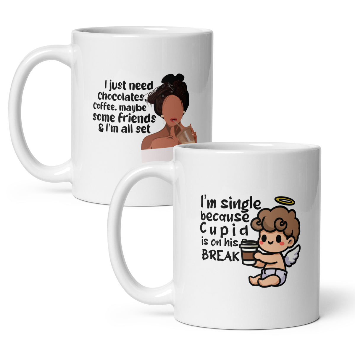 Two white ceramic mugs, one with a cartoon of a character holding coffee and the other with a cartoon of a cupids holding a broken heart.