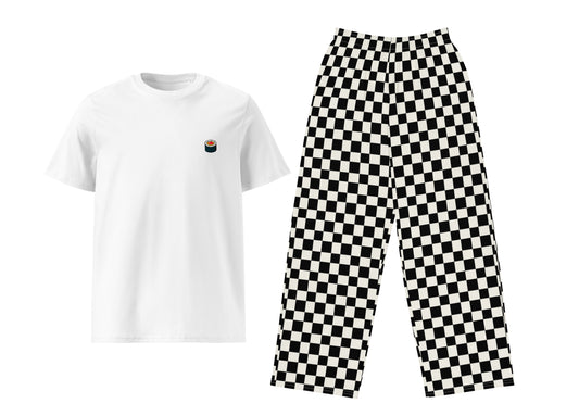 White t-shirt with a small sushi and black and white checkered pants on a white background