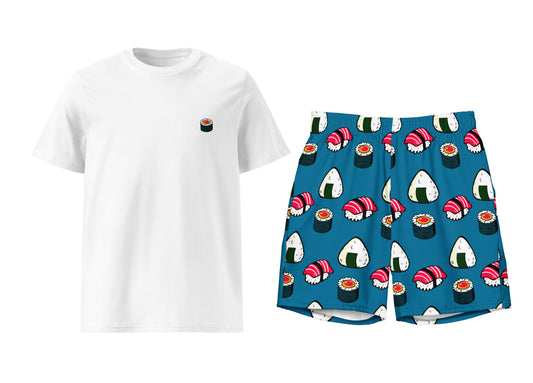White t-shirt and blue shorts with sushi pattern on a white background