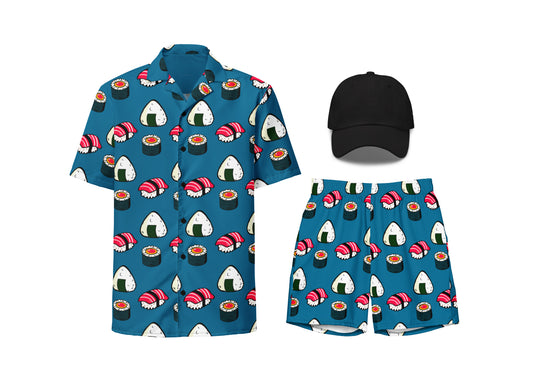 Children's swimsuit set with sushi pattern shirt, shorts, and cap on a white background
