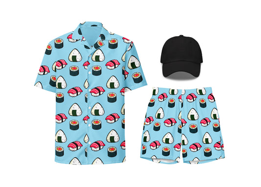 Children's swimsuit set with sushi pattern shirt and shorts, accompanied by a black cap on a white background.