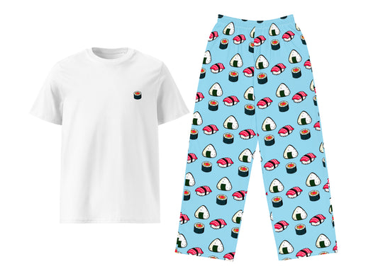 White t-shirt with a small sushi designand light blue pants with sushi pattern on a white background