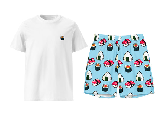 White t-shirt and blue shorts with sushi pattern on a white background