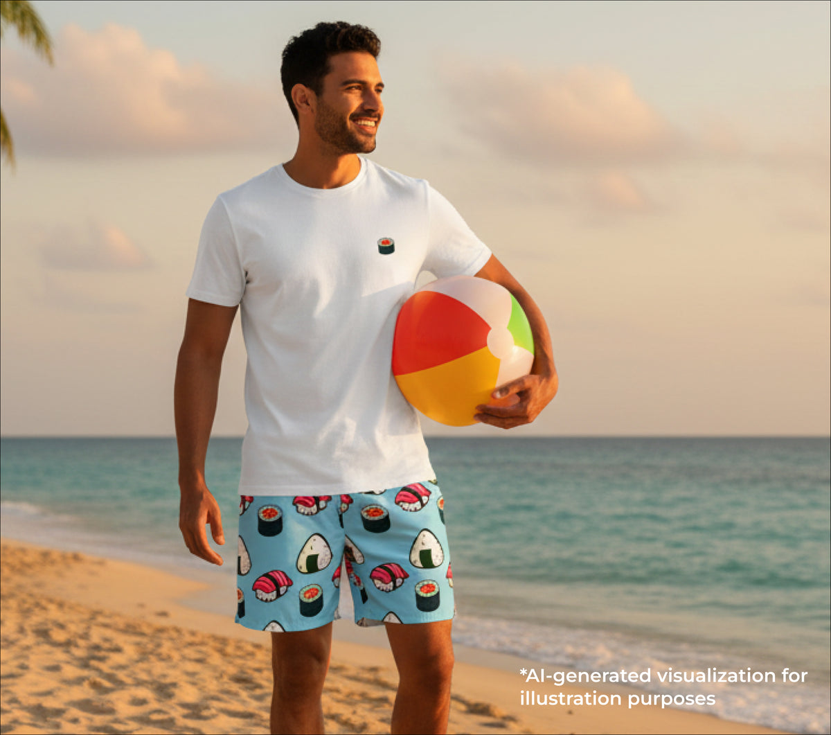 Man holding a beach ball on a beach with ocean and sky in the background