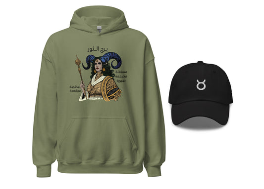 Green hoodie with Taurus graphic design and black cap with symbol on a white background