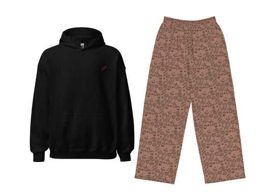 Black hoodie and patterned pants on a white background