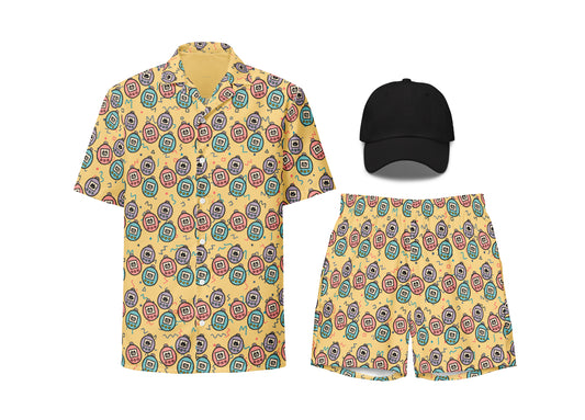 Colorful patterned shirt, shorts, and cap on a white background