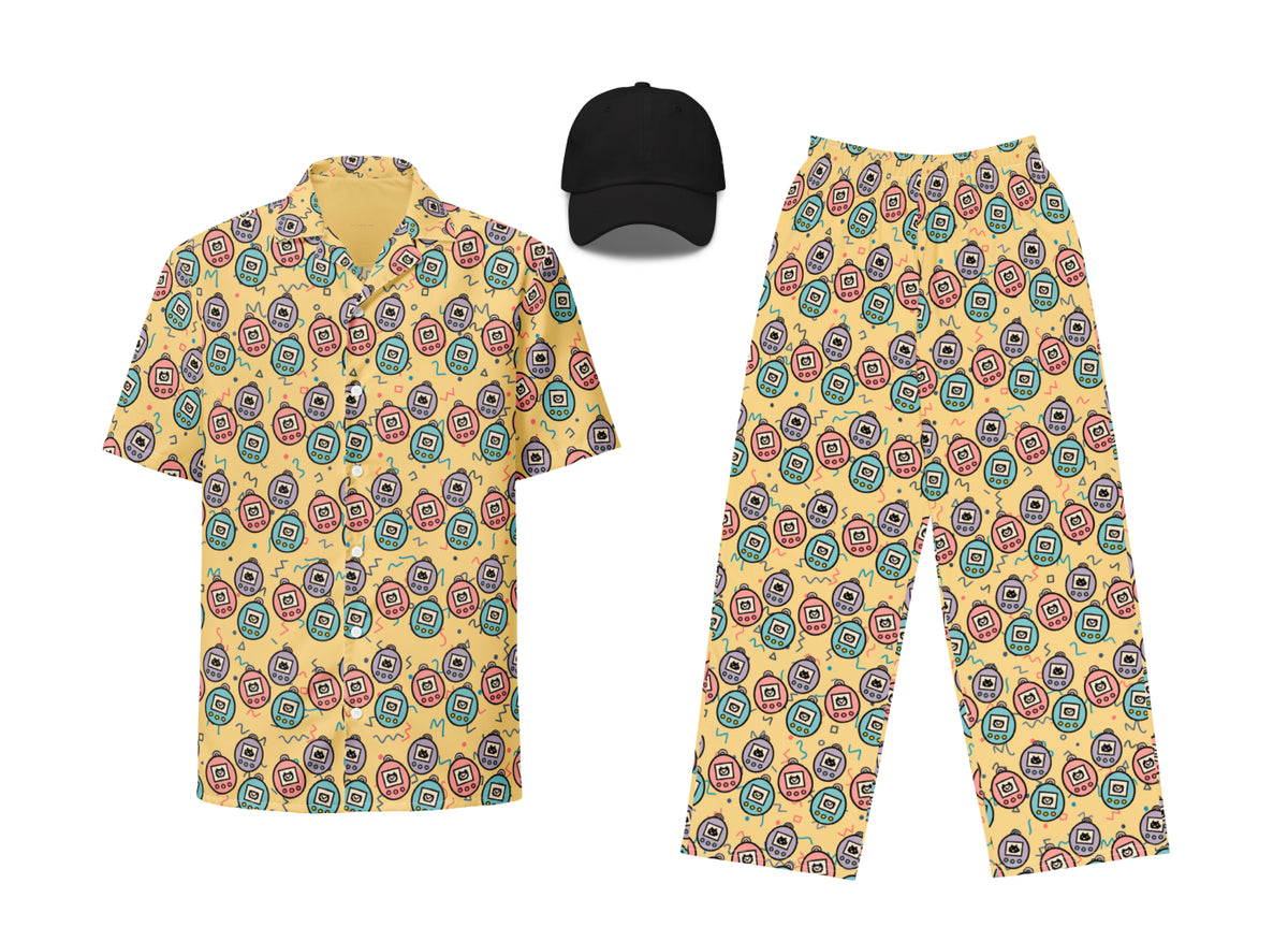 Colorful patterned shirt, pants, and cap on a white background