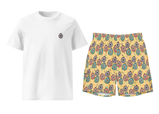 White t-shirt and patterned shorts on a white background