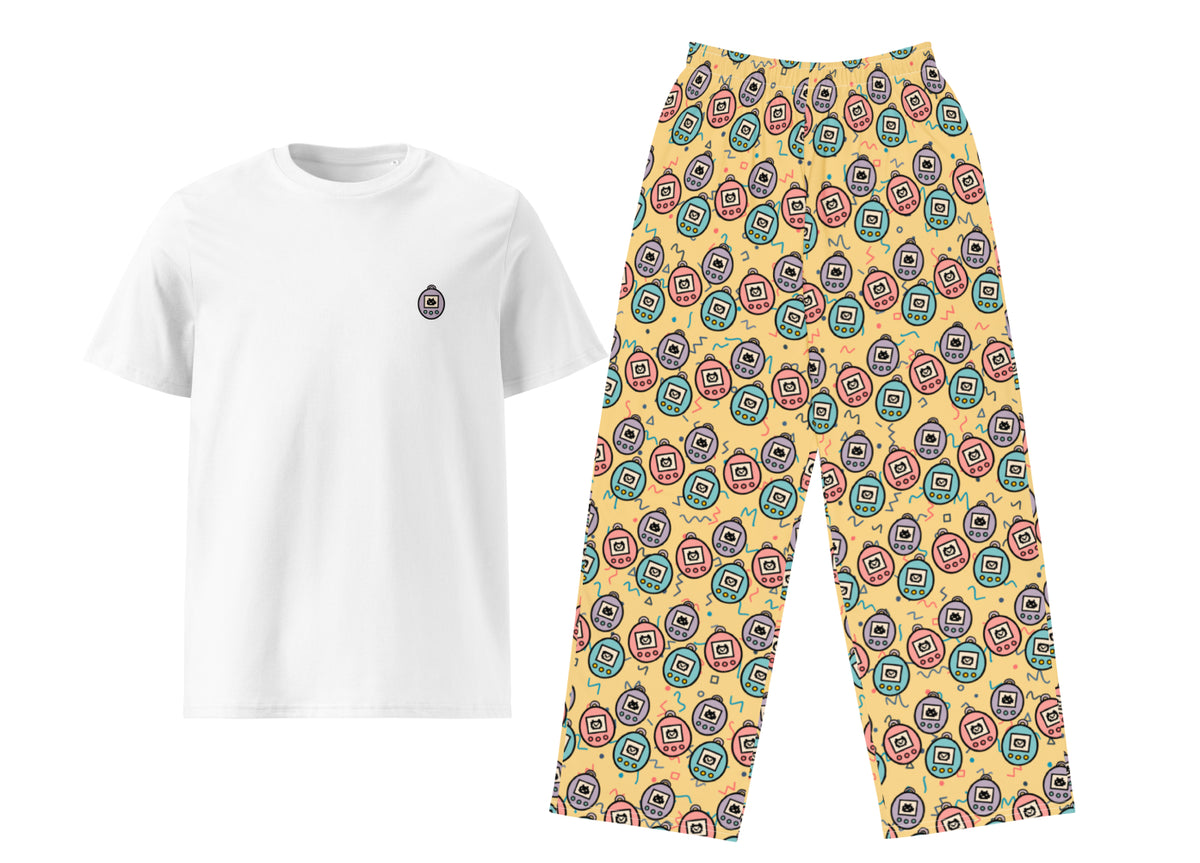 White t-shirt and yellow patterned pants on a white background