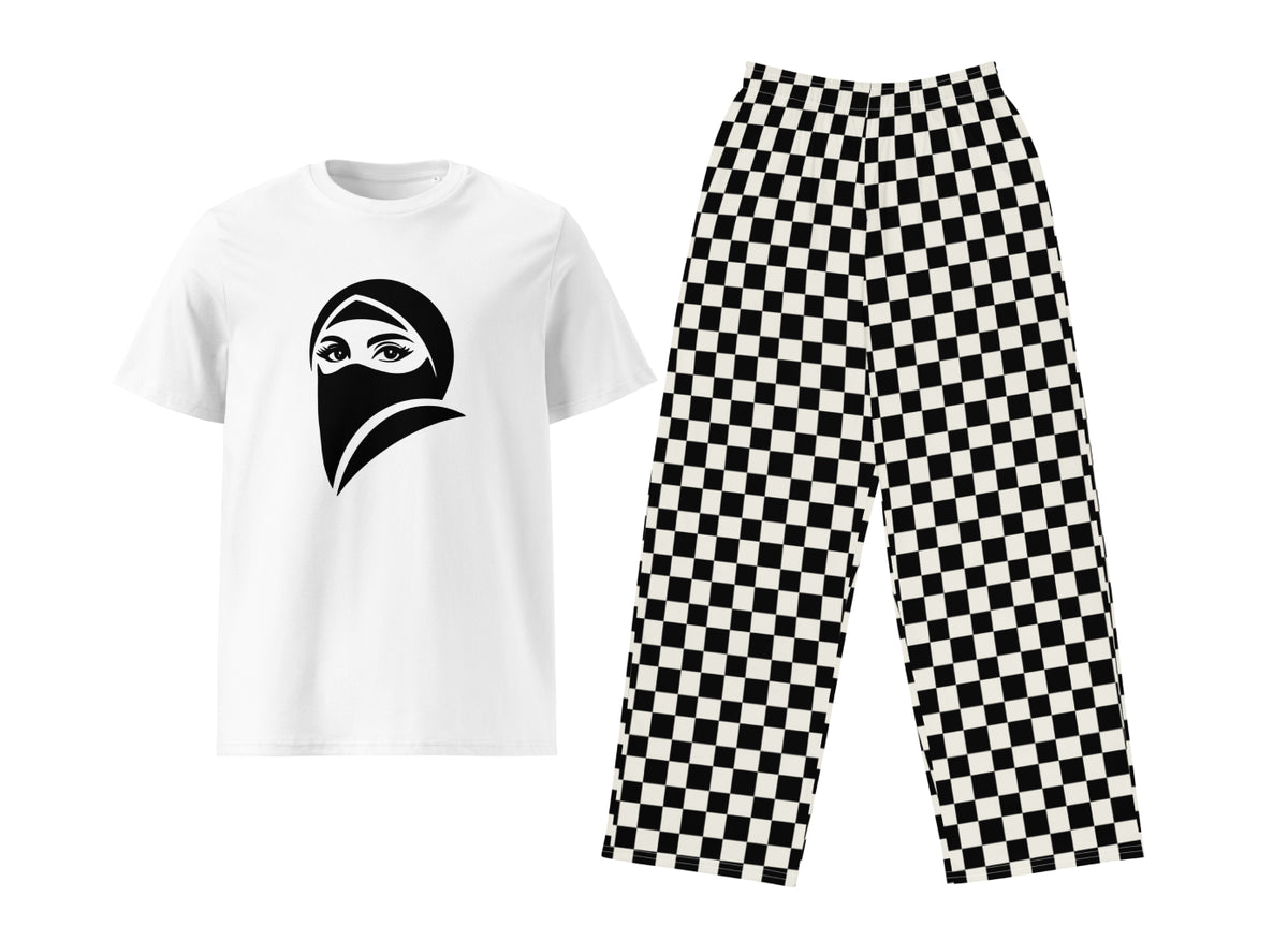 White t-shirt with black niqab design and black and white checkered pants on a white background
